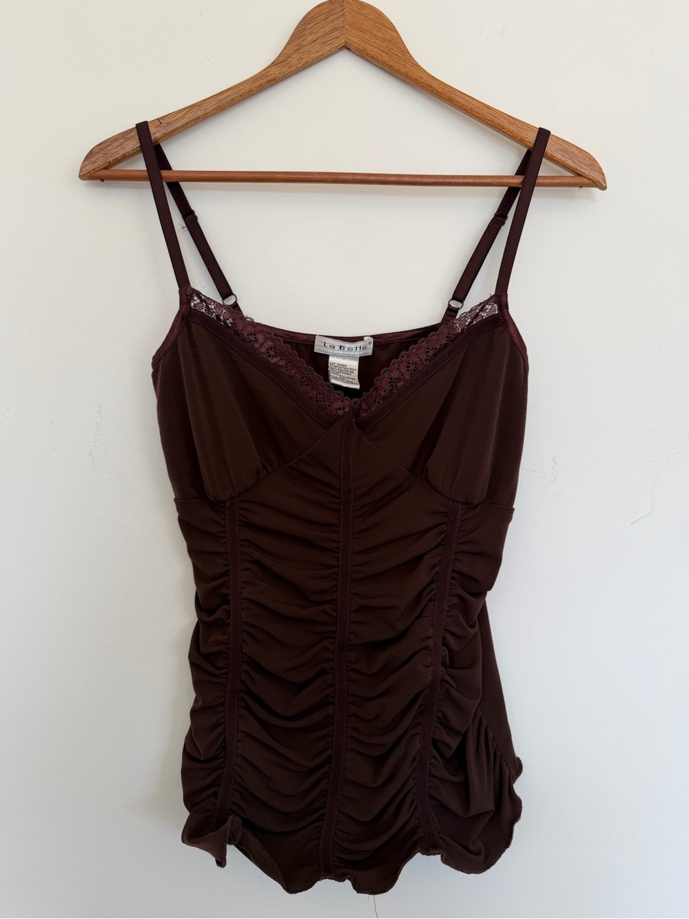 Vintage Y2K La Belle Brown Ruched Lace-Trim Camisole Top. Size L